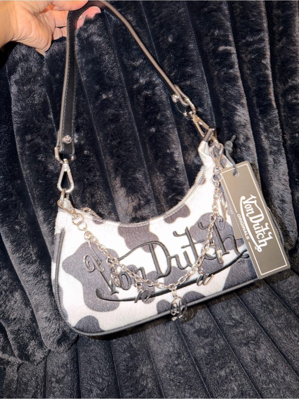 Von Dutch Black and White Cowprint Shoulder Bag with Silver Chain